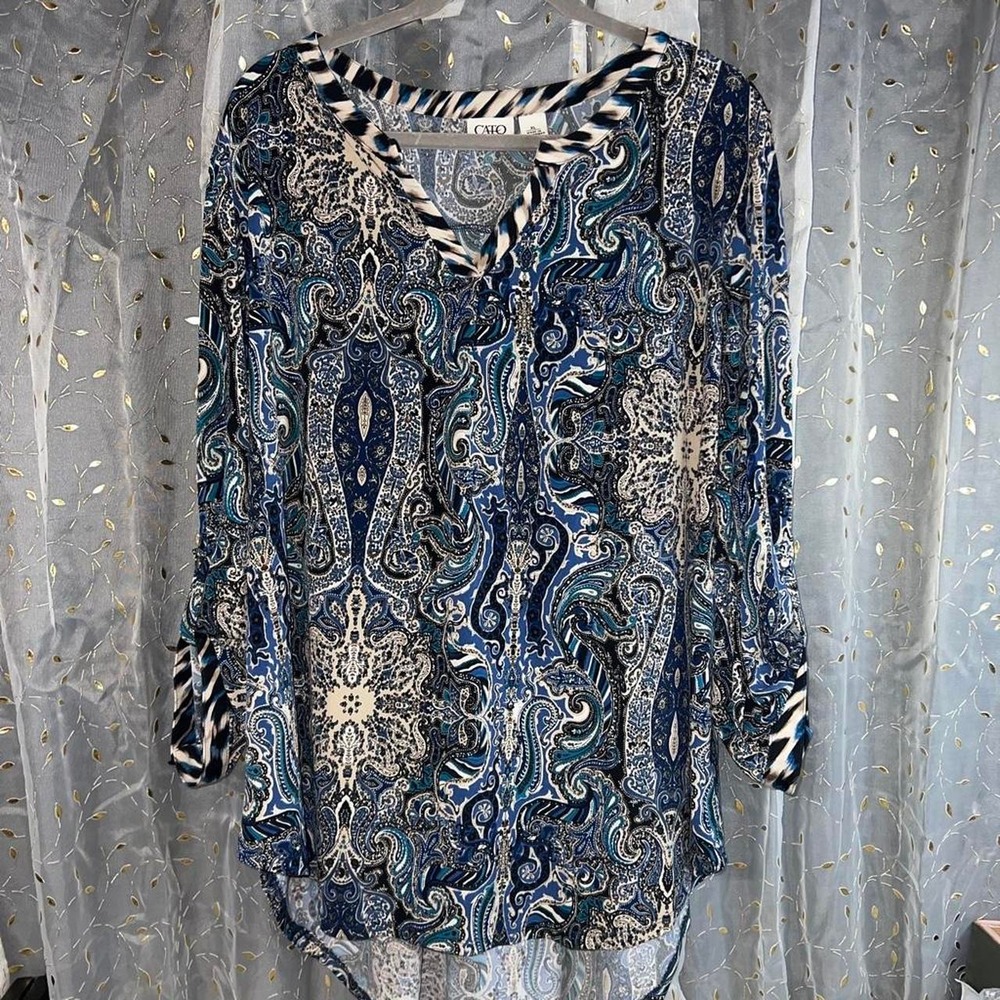 Cato Blue White Paisley Print Blouse Striped Trim Boho V-Neck Top XL